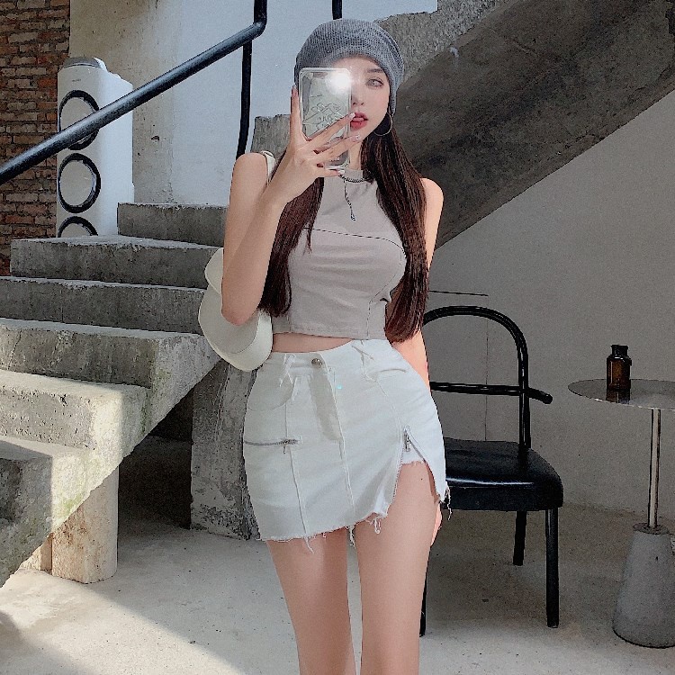 Chân Váy Jeans Lưng Cao Màu Trắng Thiết Kế Xẻ Tà Phong Cách Trung Hoa Mới