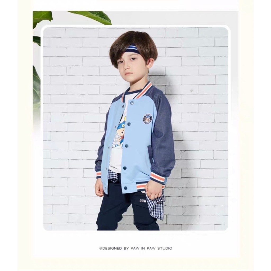 Áo khoác nỉ bomber Paw in Paw màu xanh dương phối tay navy logo gấu