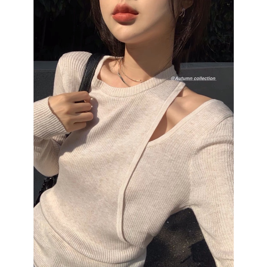 Áo khoác sweater dệt kim màu hồng đào giả hai lớp thời trang thu đông thanh lịch cho nữ