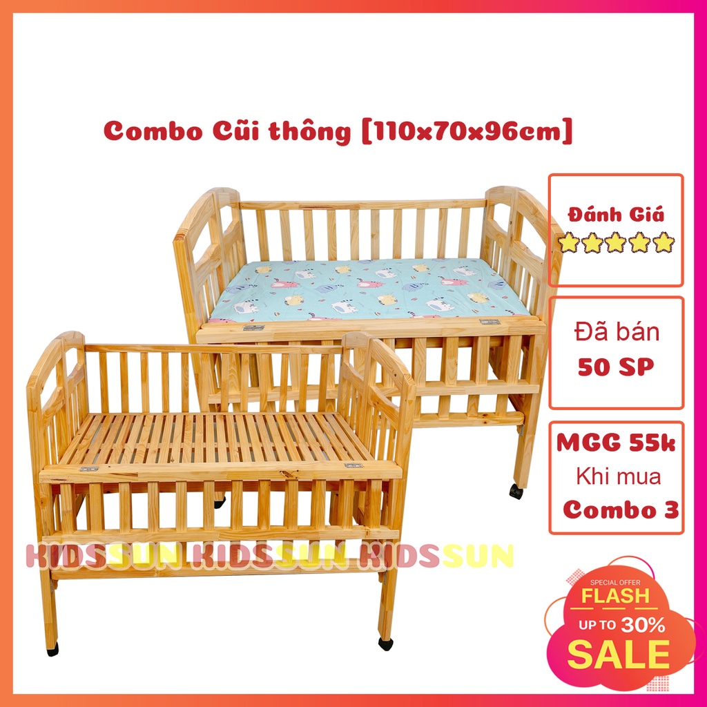 Giường Cũi Gỗ Thông KIDSSUN Cũi Cho Bé Từ 0 - 4 Tuổi Màu Tự Nhiên Kích Thước [110x70x96] BH 12 Tháng