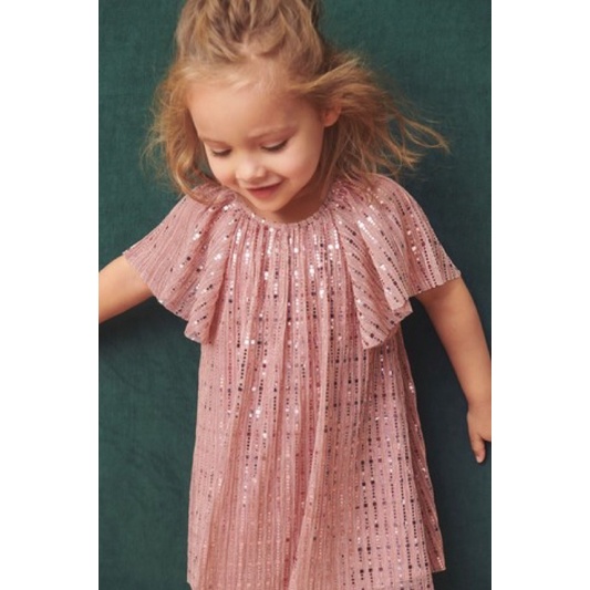 Váy Suông Bé Gái Tay Rũ Sequin Hồng Next