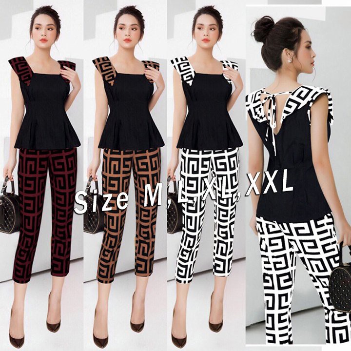 Set nguyên bộ quần lửng áo peplum phối họa tiết thiết kế cao cấp