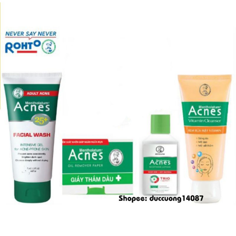 Bộ Acnes tri mụn gồm 4 sản phẩm : Sữa rửa mặt Acnes 25+ sữa rửa mặt Acnes vitamin sáng thâm mờ sẹo + giấy thấm dầu Acnes
