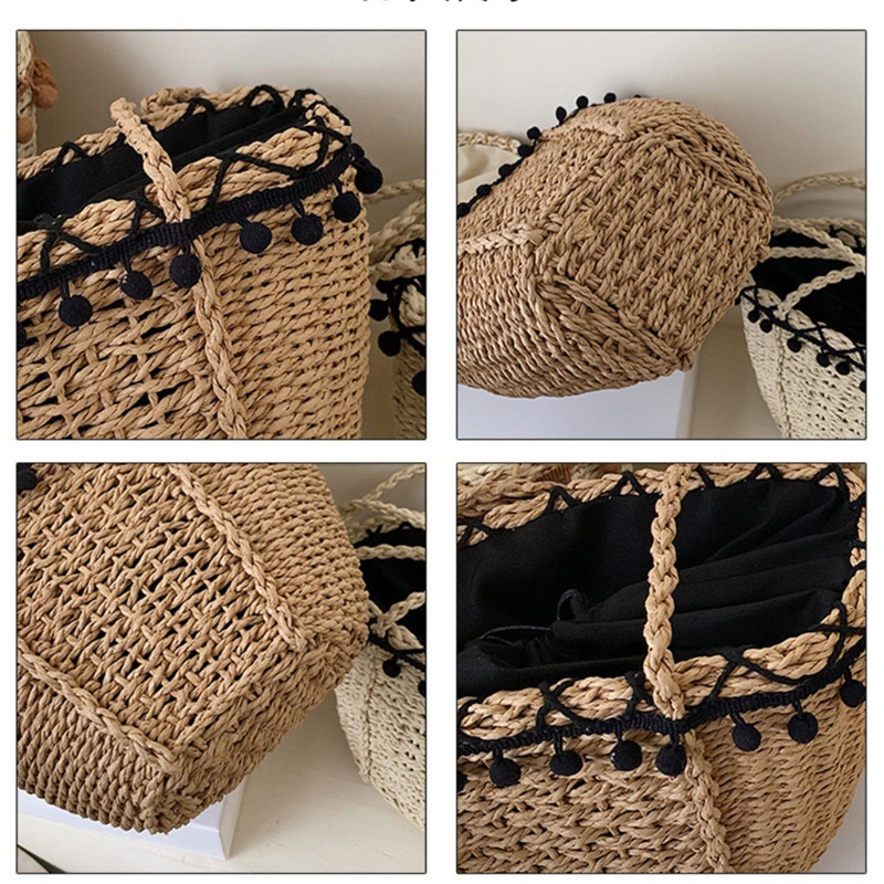 Giỏ Đan Rơm Đeo Vai Phối Tua Rua Và Quả Cầu Lông Xù Kiểu Vintage