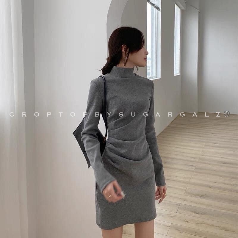 Váy đầm cổ lọ cao tay dài nhún eo fit body thun co giãn - by SGGz