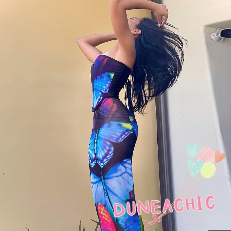 DUNEA Bộ đồ 2 món gồm áo ống in hình bướm và chân váy midi xinh xắn cho nữ