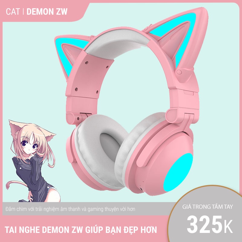 Tai Nghe Tai Mèo DEMON ZW headphone Chơi Game Không Dây Bluetooth 5.0 Chống Ồn Hình Tai Mèo Dễ Thương Bảo Hành 12 Tháng.