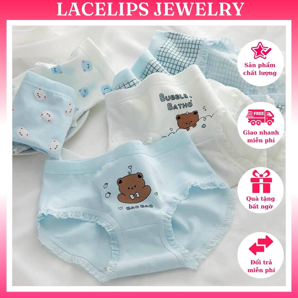 Quần Lót Nữ ❤️ Quần Cotton Nữ Viền Phối Hình Gấu Xanh Điệu Đà Tôn Dáng_Mã 8039