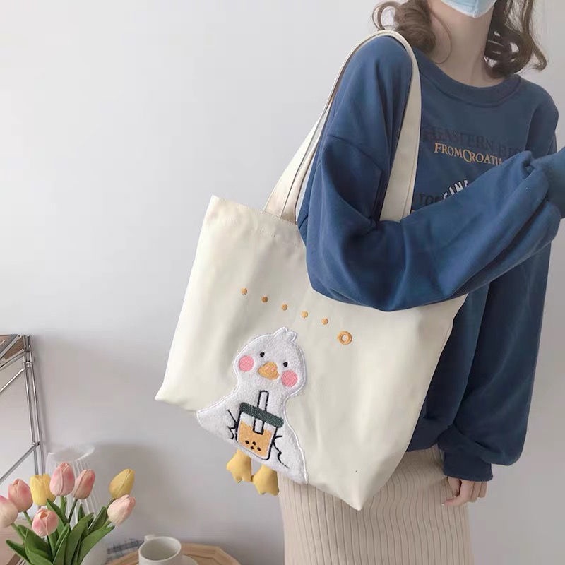 Túi Xách Canvas Thêu Họa Tiết Dễ Thương Kích Thước Lớn Thời Trang Cho Nữ