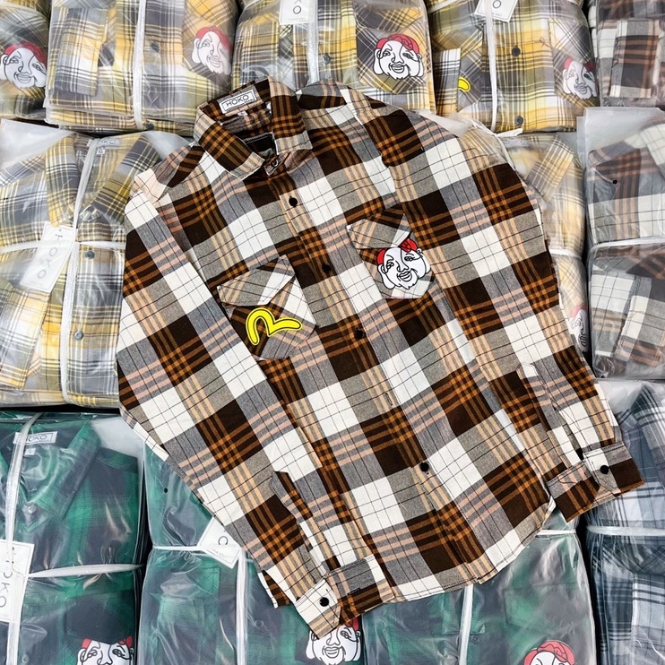 Áo Sơ Mi Nam Tay Dài Vải Nỉ Caro In Hình EVISU Phong Cách Độc Lạ Thời trang Hot Trend Mới