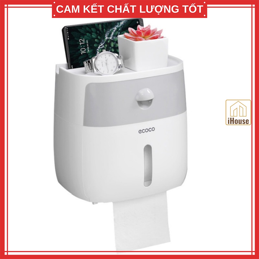 Hộp đựng giấy vệ sinh Ecoco 2 tầng treo tường, Kệ treo giấy vệ sinh đa năng để điện thoại tiện lợi iHouse