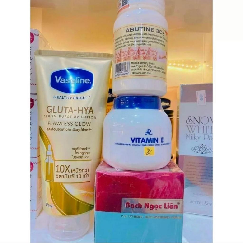 Combo 4 món kem dưỡng siêu trắng Kem body Bạch Ngọc Liên + Vaseline 10X lọ vàng + Abutine 3C3 +Dưỡng E Thái 200gr TCN