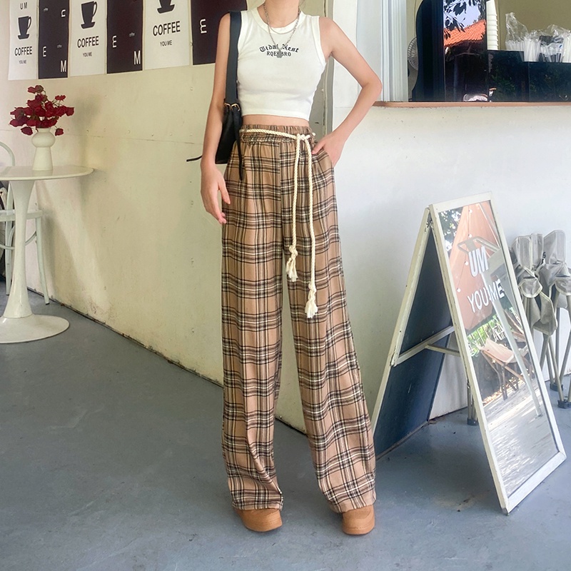 Quần dài SUXI lưng cao ống rộng họa tiết sọc caro phong cách vintage thời trang cho nữ