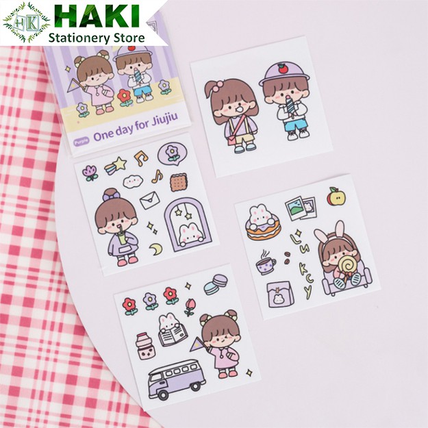 Sticker cute cô gái dễ thương HAKI, hình dán cute 4 miếng sticker trang trí sổ đáng yêu giá rẻ ST18