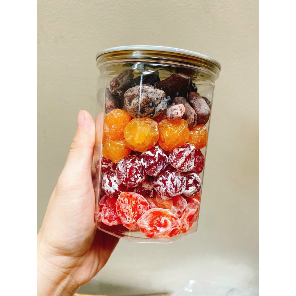 xí muội ô mai mix ( đào- oliu-mận ) hủ 400gr (dai-ngon-chua-ngọt), đồ ăn vặt ngon, đồ ăn vặt sạch
