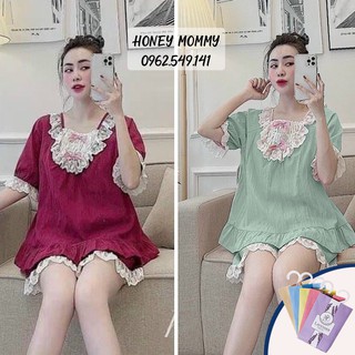 Bộ Đồ Bầu Đẹp Mặc Ở Nhà  Chất Đũi Lụa Gồm Áo Và Quần Bầu Phối Ren HT4606 Honey Mommy