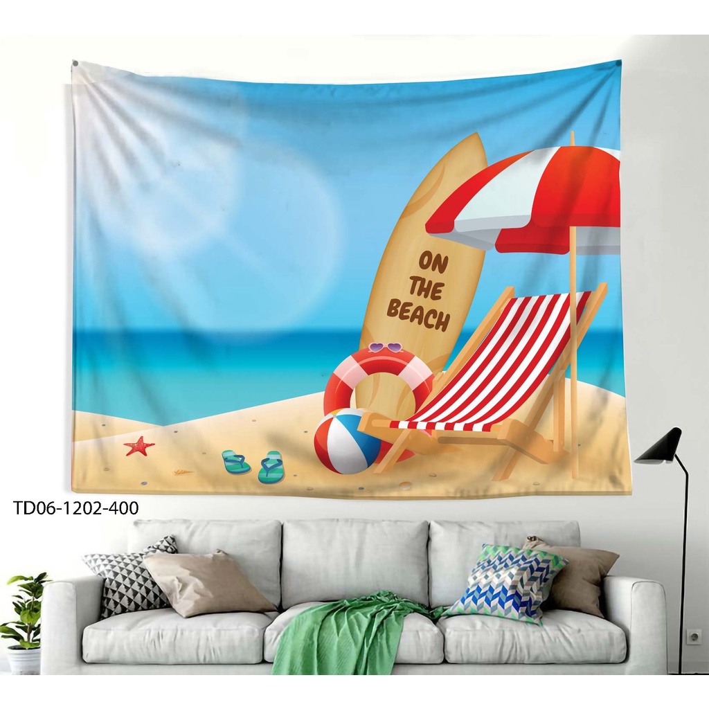 Tranh vải IN 3D, tranh phong cảnh mùa hè, bãi biển, backgroup chụp hình hè... (TẶNG móc treo, miếng dán 2 mặt]