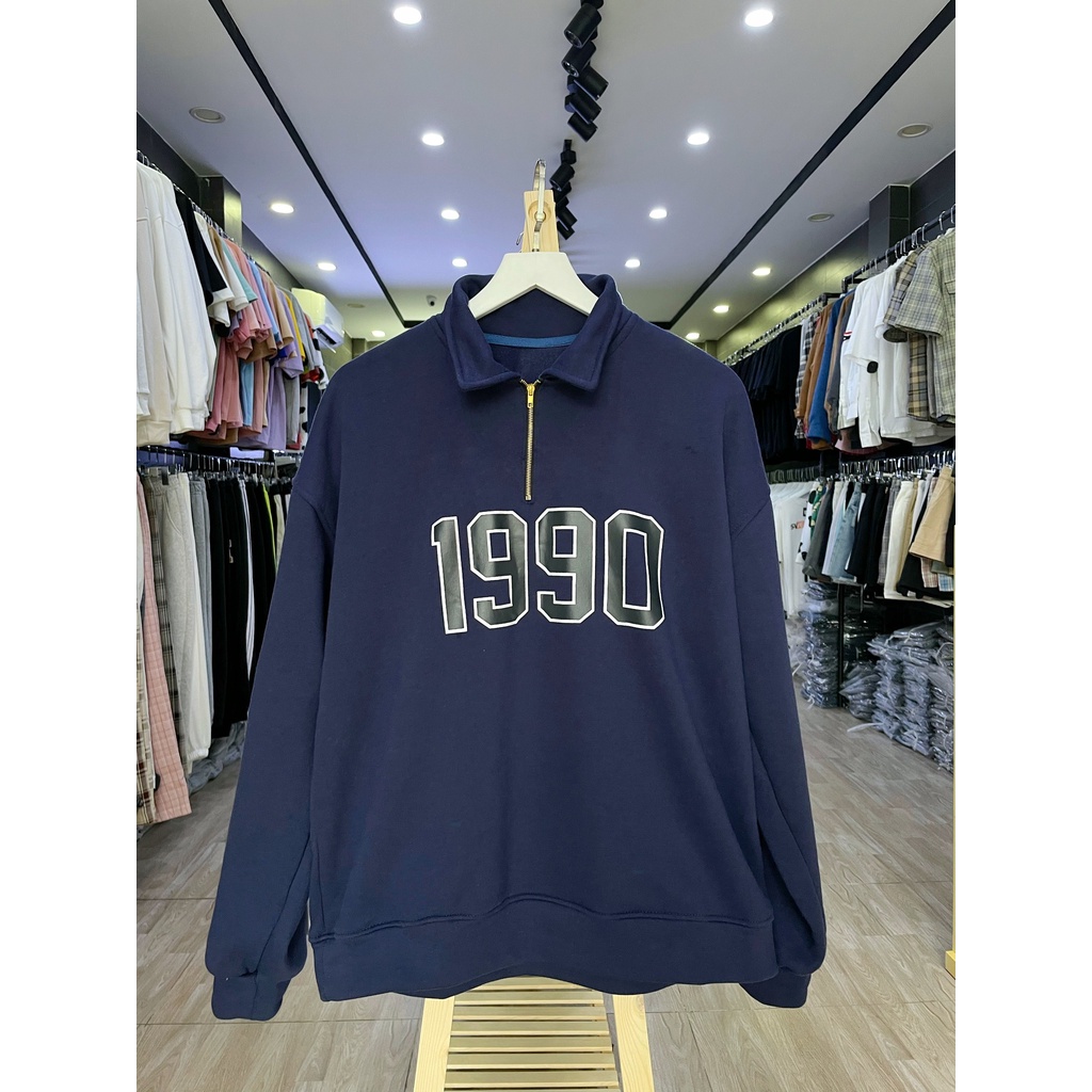 Áo Sweater 1990 Boin shop chất nỉ bông cotton dày phối cổ polo có zip from rộng unisex cho cả nam và nữ siêu đẹp