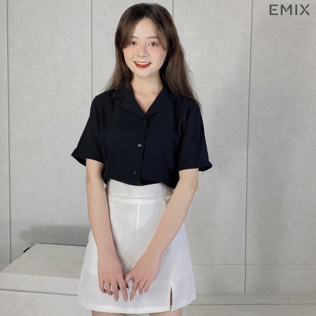Áo sơ mi nữ cộc tay EMIX (5 màu), cổ vest, dáng rộng, chất voan lụa hàn, mềm mịn,  dày dặn, không nhăn
