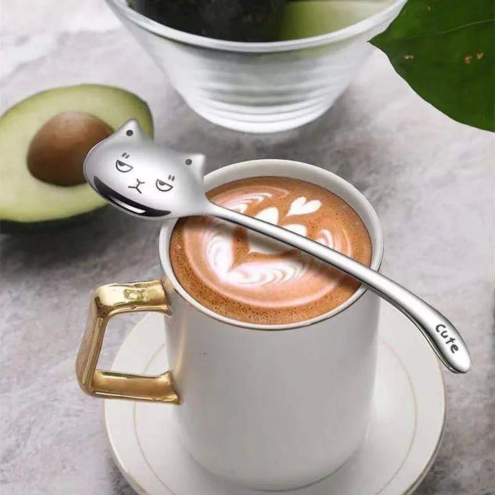 Muỗng Cà Phê Bằng Thép Không Gỉ Tay Cầm Gốm Hình Mèo Dễ Thương