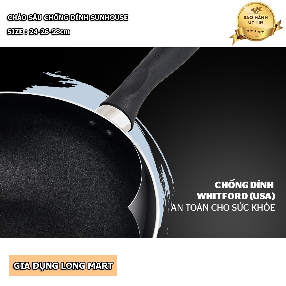 Chảo Sâu Chống Dính SUNHOUSE SHS26, Dẫn Nhiệt Nhanh Tỏa Nhiệt Đều, Hàng Chính Hãng