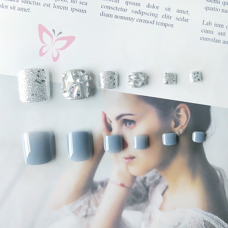 Bộ Móng Chân Giả Đính Kim Cương Giả Toàn Diện Màu Xám Bạc Thời Trang