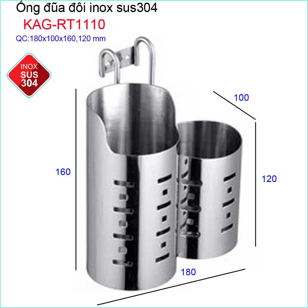 Ống đũa đôi KAG-RT1110, ống đựng đũa nhà bếp Inox dập khuôn cao cấp SUS304 sáng bóng sử dụng vĩnh viễn