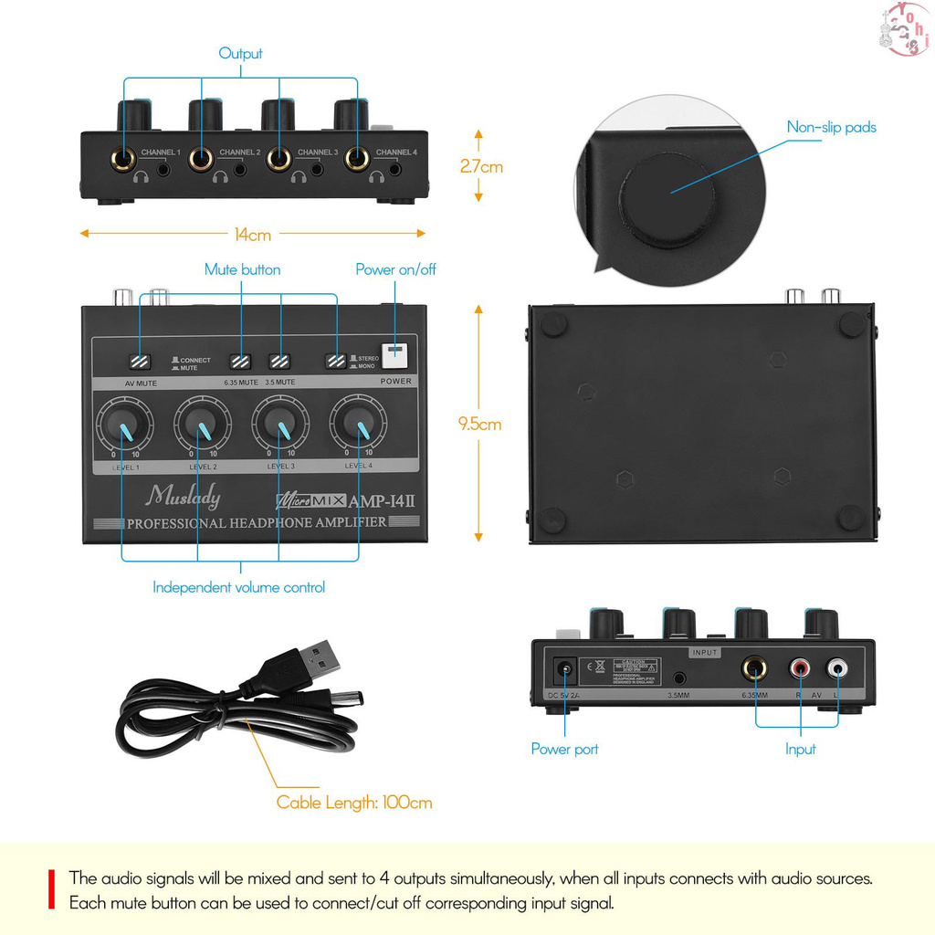 Bộ khuếch đại âm thanh tai nghe 4 kênh AMP-14 điều chỉnh đầu vào RCA 6.32mm/3.5mm