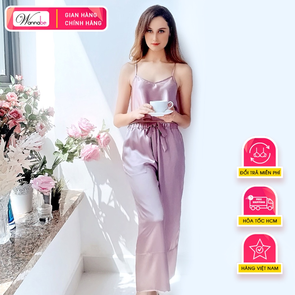 Đồ bộ mặc nhà phi lụa WANNABE BDS07 bộ dài áo croptop, quần dài ống suôn thắt nơ eo, áo ba lỗ lưng ren xinh đẹp