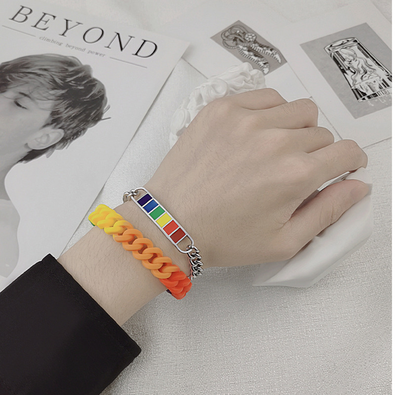 Vòng đeo tay kim loại phối mặt màu sắc cầu vồng phong cách Hàn Quốc thời trang cho nữ