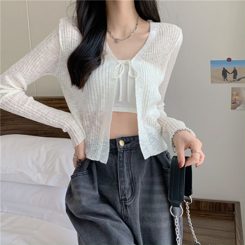 Brroa Áo Khoác Cardigan Dệt Kim Vải Lụa Băng Tay Dài Gọn Nhẹ Thoáng Khí Chống Nắng Màu Trơn Cột Dây Đơn Giản Cho Nữ
