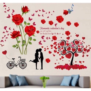 Decal dán tường Combo 2 tranh hoa hồng đỏ + đôi tình nhân
