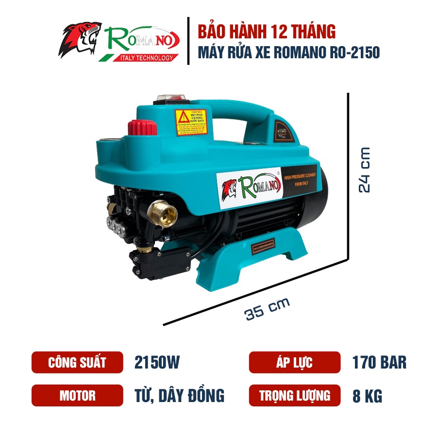 Máy rửa xe Romano RO2150A công suất 2150W có chỉnh áp, chống giật hiện đại bảo hành 12 tháng