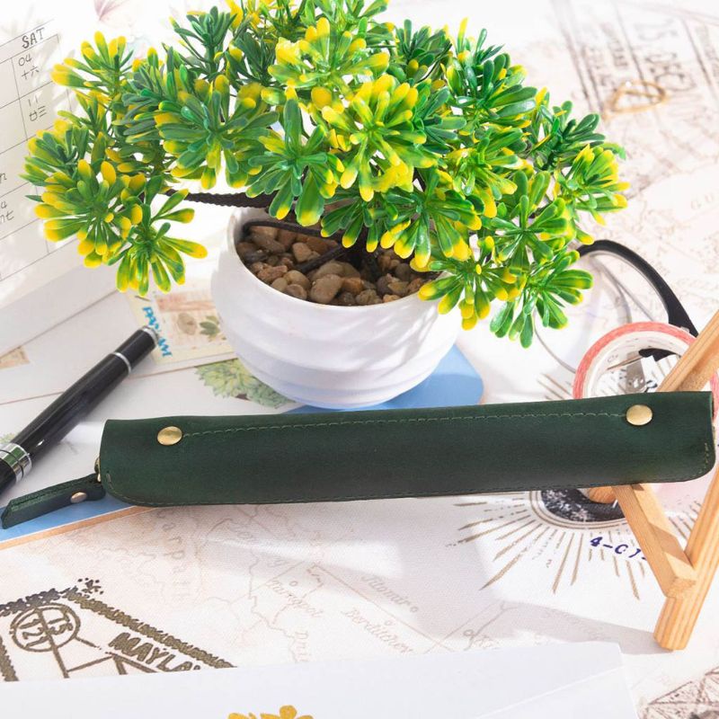 Túi Đựng Bút Bằng Da Thủ Công Có Khóa Kéo Phong Cách Retro
