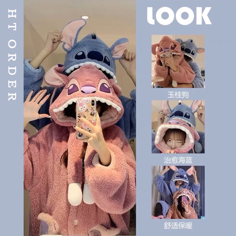 (Sẵn Xanh)ORDER_ Váy ngủ bông thời trang unisex Stitch 2 màu đáng yêu lông dày dặn mềm mịn phù hop[ự mùa đông năm 2022