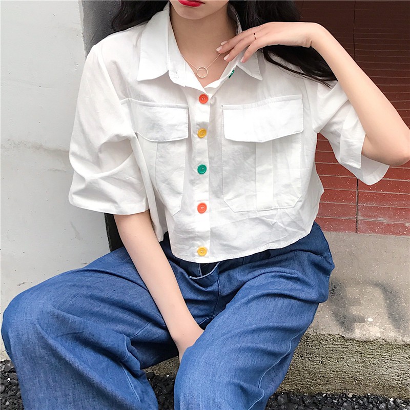 Crop Tops Cotton Blouse for Women Blouse Short Sleeves Korean Blouse for Adults Womens White Blouse with Collar for Women Black Blouse for Women Plain Blouse Vintage Blouses for Womens Sale Summer Loose Blouse Tops for Women