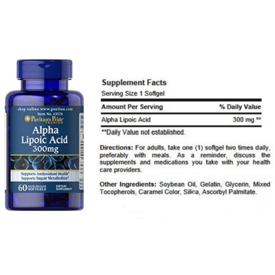 Viên uống chống lão hóa, trẻ hóa da, ngừa tàn nhang làm sáng da Puritan's Pride - Alpha lipoic acid 300mg 60v