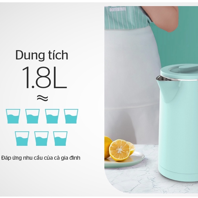 Ấm siêu tốc Inox 2 lớp Sunhouse dung tích 1.8 lít, bình đun nước mini tự ngắt khi nước sôi và cạn nước - HAPOS