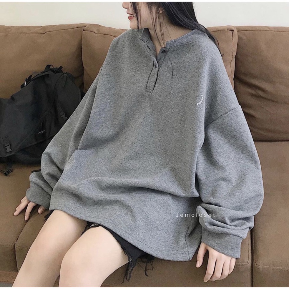 Áo Nỉ Bông Cổ Tàu Sweater Unisex/ Áo Thun Nữ Tay Bồng Dáng Rộng Cúc Cài 2 Màu