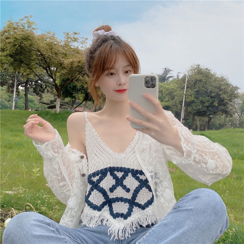 Áo Khoác Cardigan Tay Dài Chống Nắng Dáng Rộng Thêu Ren Hoa Xinh Xắn Cho Nữ