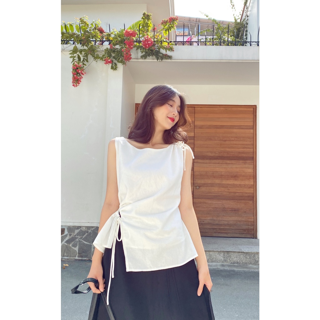 Áo kiểu linen rút dây eo và một bên vai | ÁO THANH KHUÊ - TheDaisy Vn