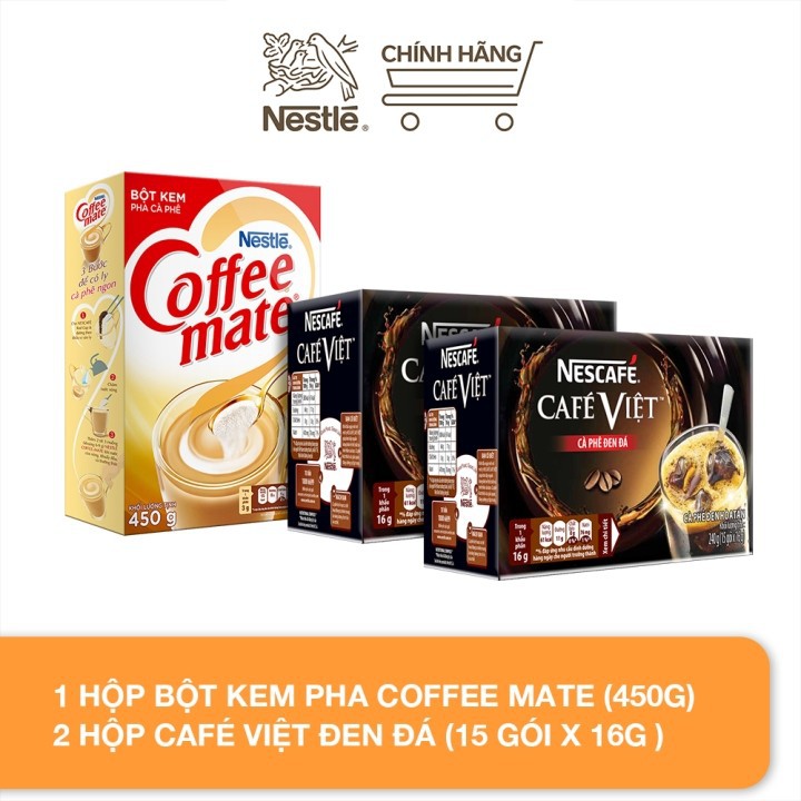 Combo 1 hộp bột kem pha café Coffee Mate (450g) + 2 hộp Nescafé café Việt đen đá (hộp 15 gói x 16g)