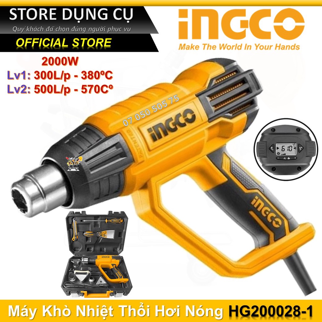 Bộ máy thổi nhiệt INGCO HG200028-1, 2000W, 50-630°C, LCD display, 4 vòi đi kèm