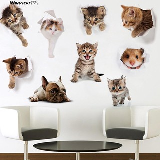 Sticker Dán Tường Họa Tiết 3D Hình Chó Mèo Dễ Thương