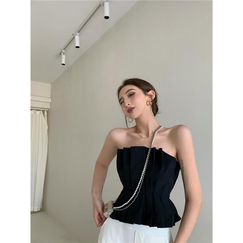 Áo ống ngắn màu đen không dây xếp ly thời trang cao cấp