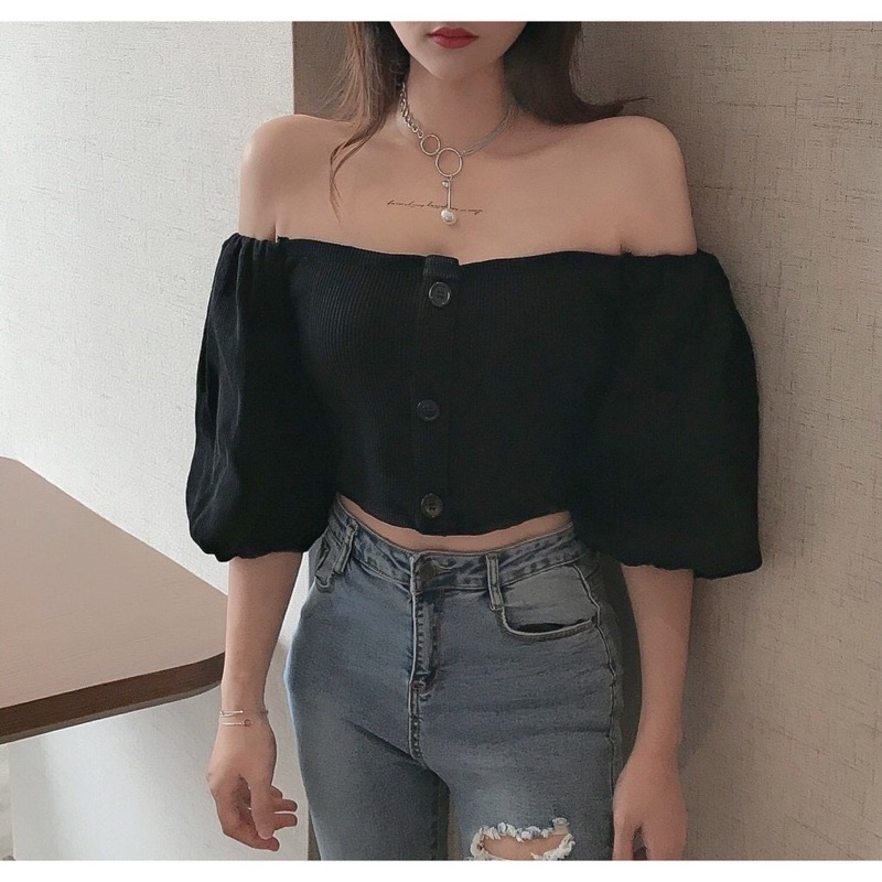 Áo croptop nữ tay phồng dáng crop màu trắng, kem, xanh, hồng
