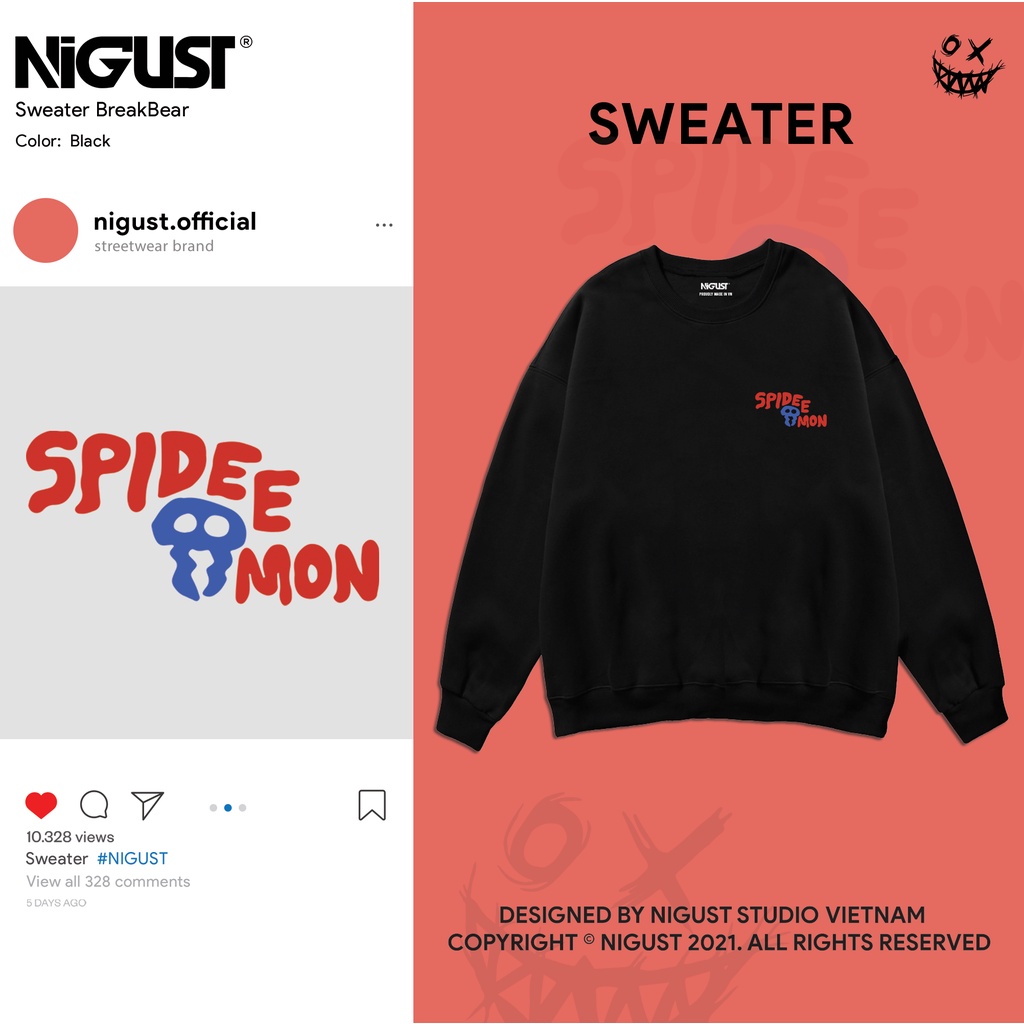 Áo sweater unisex NIGUST Spidee Mon N003-004-011 chất liệu nỉ da cá form rộng màu đen trắng Fullbox