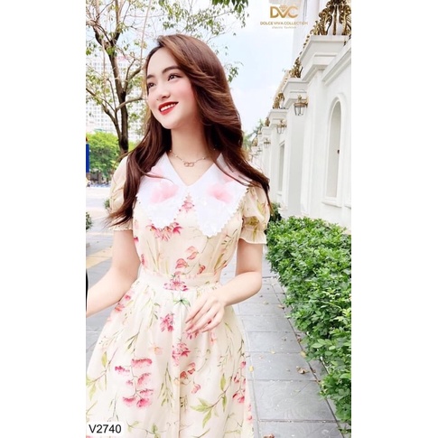 V2740 váy voan hoa màu vàng