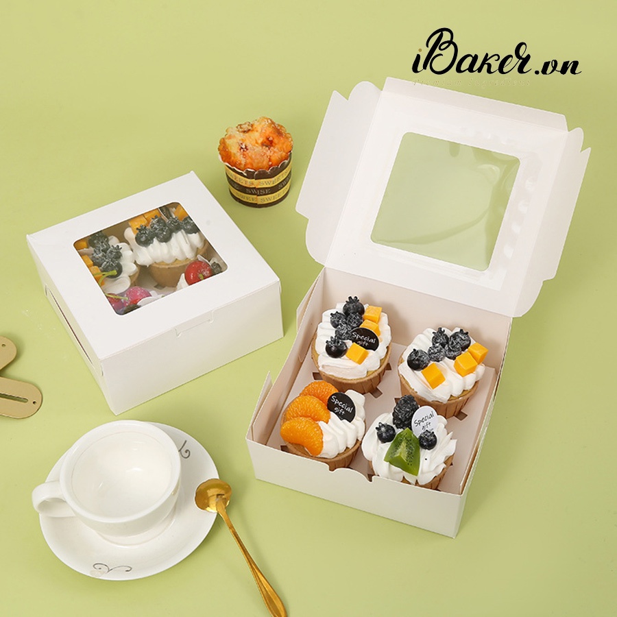 Hộp cupcake 4 bánh mở nắp trắng
