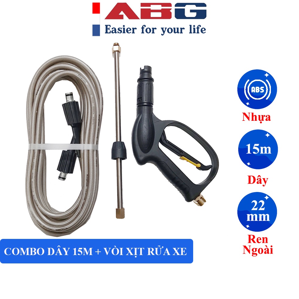 Combo Súng Rửa Xe Cao Cấp Và Dây Rửa Xe 15M ABG - Dùng Cho Máy Bơm, Máy Rửa Xe Áp Lực Cao, Ren 22mm